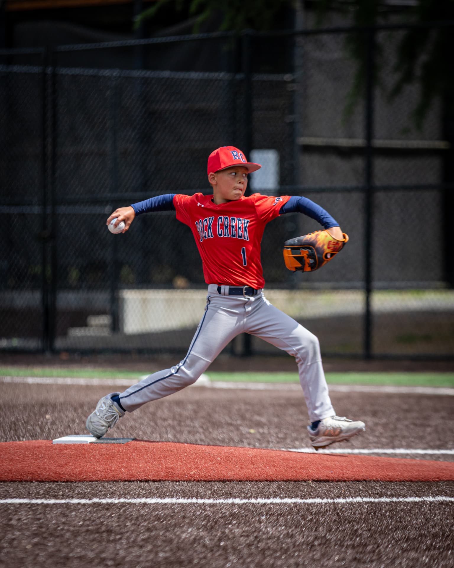 Kade striding toward home during a pitch