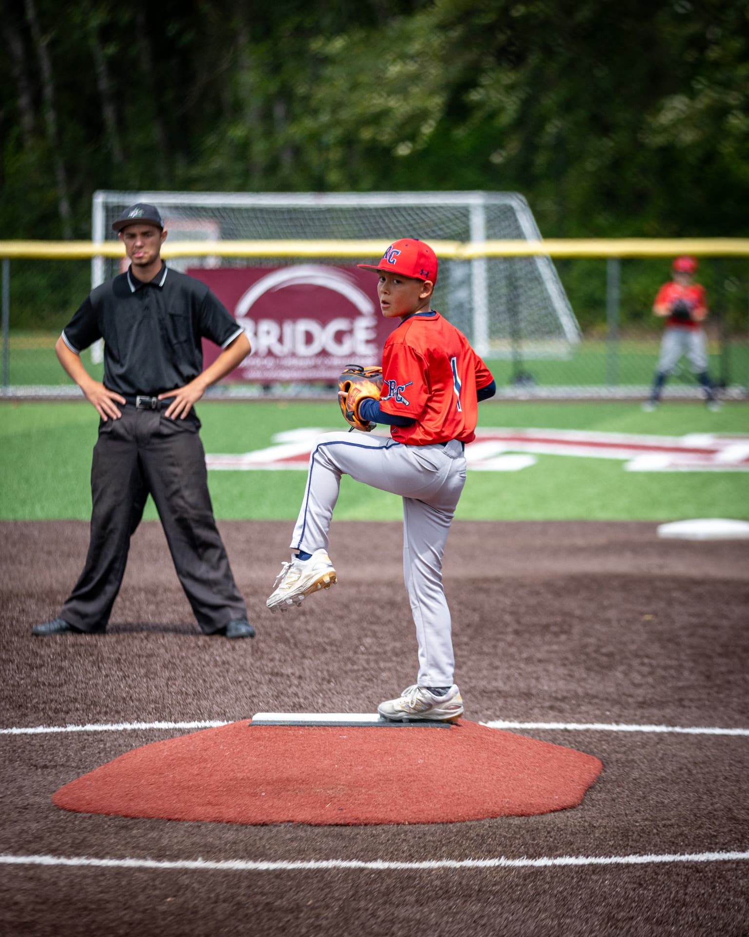 Kade in his leg kick on the mound